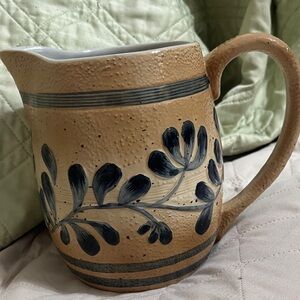 Tan Ceramic Pitcher with Blue Floral Motif